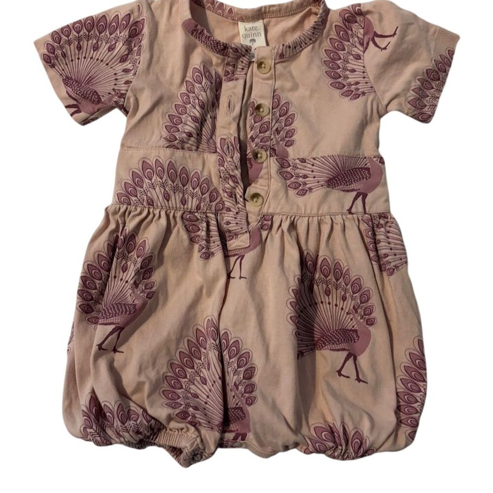 Kate Quinn Girls 6-912M Pink Peacock Print Bubble Romper Short Sleeve
